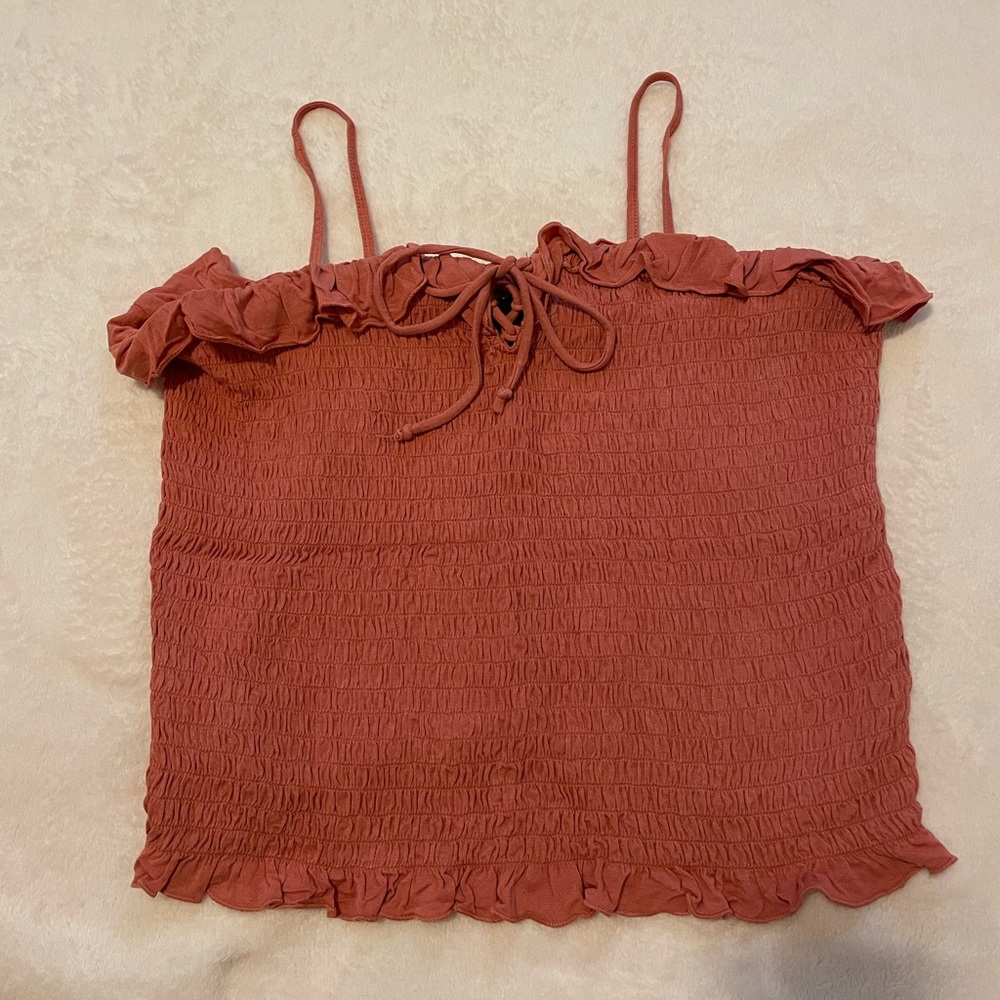 American Eagle Coral Lace Up Ruffle Smocked Top - Size XL